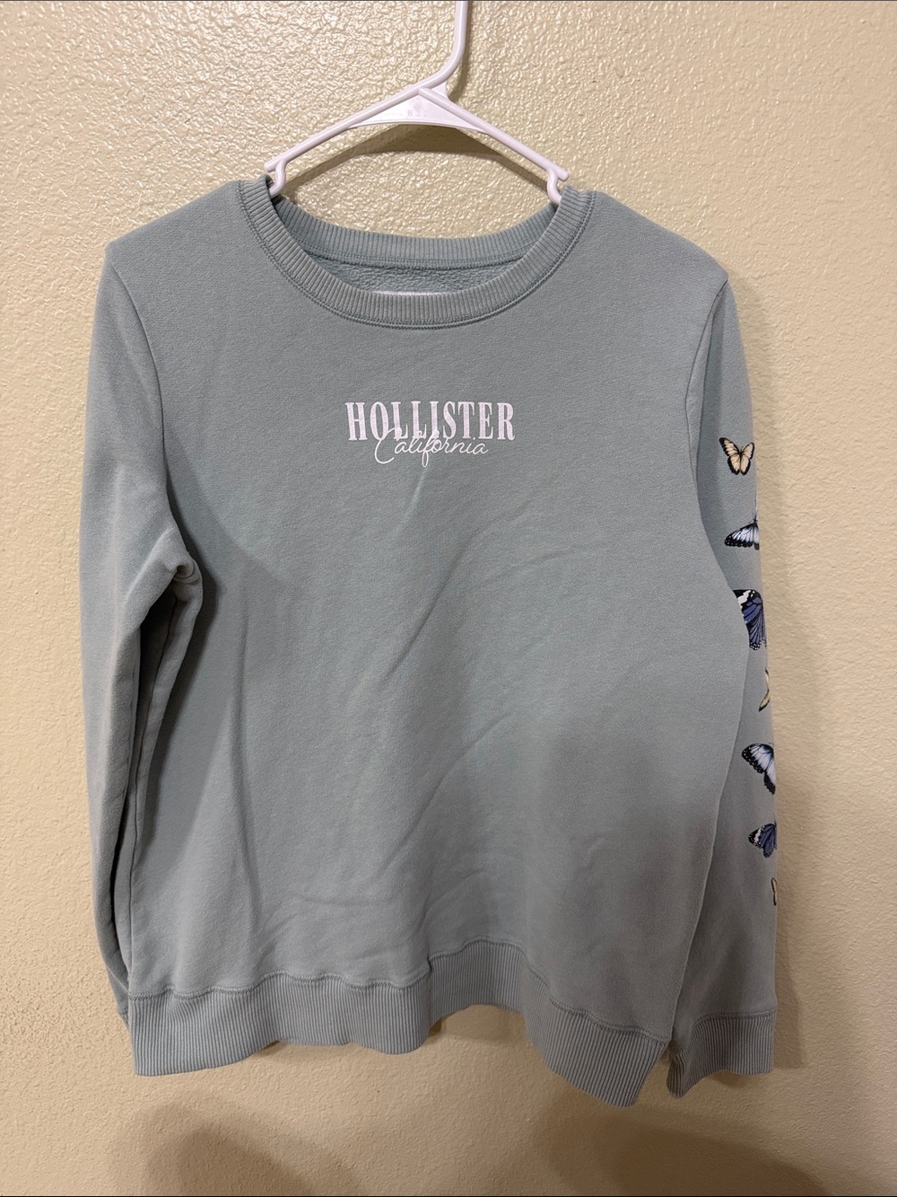 Hollister Sage Green Crewneck Sweatshirt with Butterfly Sleeve Accents